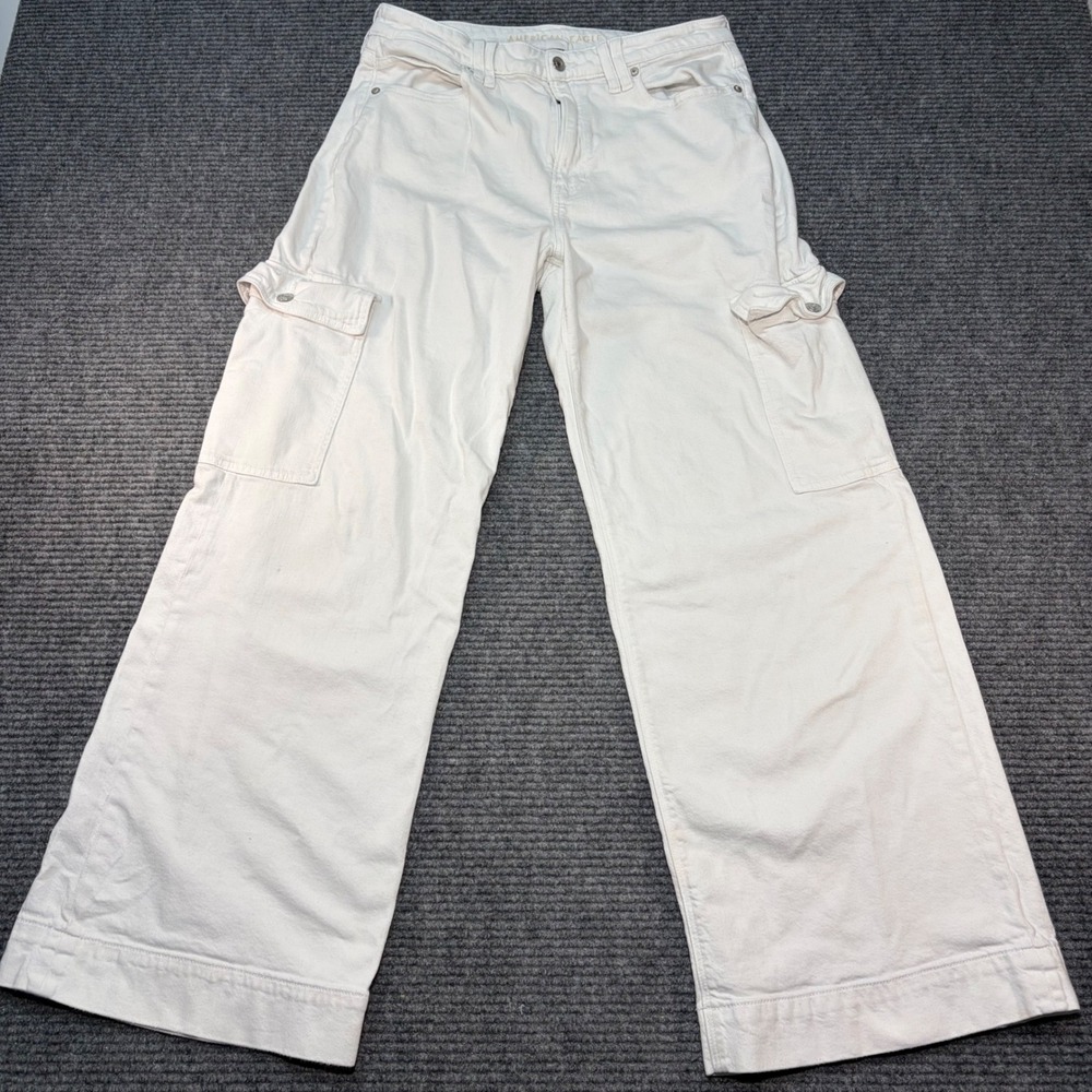 American Eagle Super High Rise Baggy Wide Leg Cargo Pants White Women 12 Regular